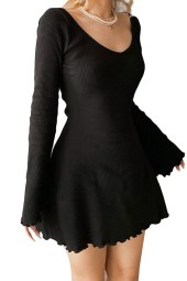 Stylish Solid Ribbed Long Sleeve Vneck Mini Dress for Spring