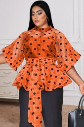 Polka Dot Organza Blouse with Belt - Plus Size