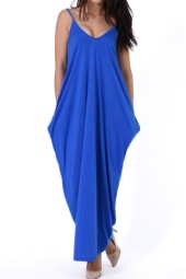 Regal Elegance: Open Back Pocket Decorated Royal Blue Dress