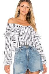 Women's White Off Shoulder Polka Dot Ruffled Knotted Long Sleeve Blouse