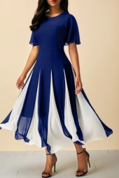 Elegant Navy Butterfly Sleeve Round Neck Dress