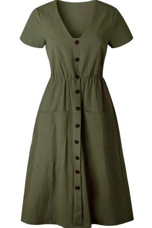 Women's Army-Green V-Neck Short-Sleeve Button-Pocket Midi Casual Dress