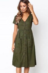 Women's Army-Green V-Neck Short-Sleeve Button-Pocket Midi Casual Dress