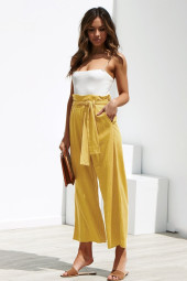 Cotton Linen High Waisted Wide Leg Cropped Pants