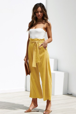 Cotton Linen High Waisted Wide Leg Cropped Pants