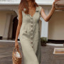 Button Down V-Neck Sleeveless Cotton Linen Maxi Dress
