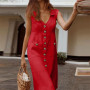 Button Down V-Neck Sleeveless Cotton Linen Maxi Dress