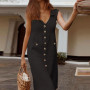 Button Down V-Neck Sleeveless Cotton Linen Maxi Dress