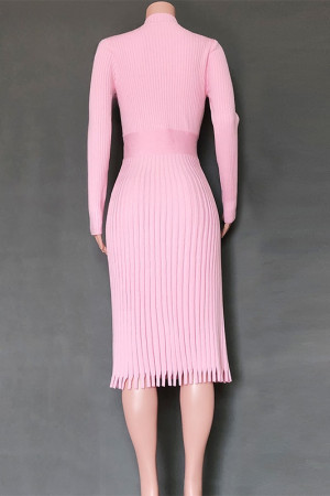 Knit Pleated Tassel Long Sleeve Bodycon Midi Dress