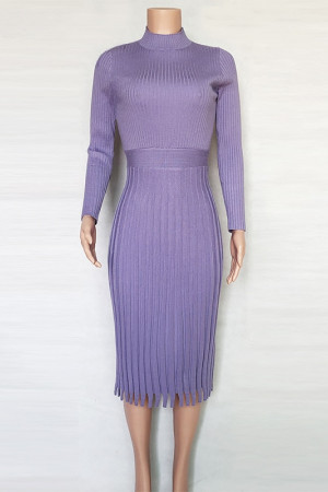 Knit Pleated Tassel Long Sleeve Bodycon Midi Dress
