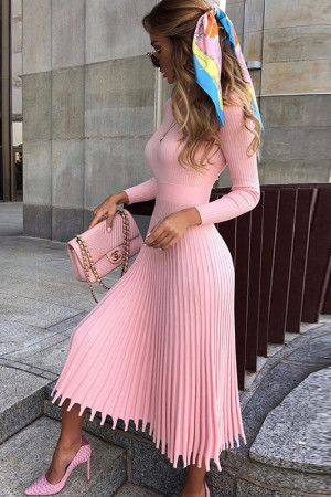 Knit Pleated Tassel Long Sleeve Bodycon Midi Dress