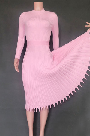 Knit Pleated Tassel Long Sleeve Bodycon Midi Dress