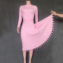 Knit Pleated Tassel Long Sleeve Bodycon Midi Dress