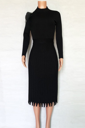 Knit Pleated Tassel Long Sleeve Bodycon Midi Dress