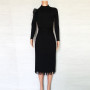 Knit Pleated Tassel Long Sleeve Bodycon Midi Dress