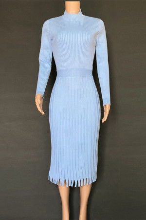 Knit Pleated Tassel Long Sleeve Bodycon Midi Dress