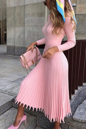 Knit Pleated Tassel Long Sleeve Bodycon Midi Dress