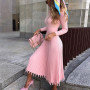 Knit Pleated Tassel Long Sleeve Bodycon Midi Dress