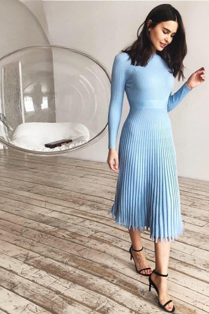 Knit Pleated Tassel Long Sleeve Bodycon Midi Dress