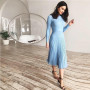 Knit Pleated Tassel Long Sleeve Bodycon Midi Dress
