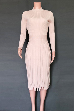 Knit Pleated Tassel Long Sleeve Bodycon Midi Dress