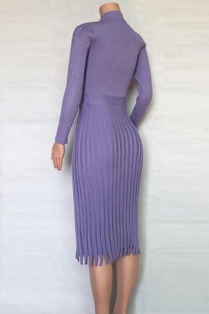 Knit Pleated Tassel Long Sleeve Bodycon Midi Dress