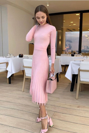 Knit Pleated Tassel Long Sleeve Bodycon Midi Dress