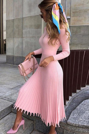 Knit Pleated Tassel Long Sleeve Bodycon Midi Dress