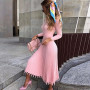 Knit Pleated Tassel Long Sleeve Bodycon Midi Dress