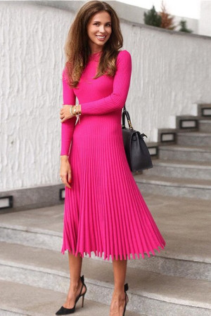 Knit Pleated Tassel Long Sleeve Bodycon Midi Dress