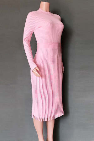 Knit Pleated Tassel Long Sleeve Bodycon Midi Dress