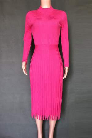 Knit Pleated Tassel Long Sleeve Bodycon Midi Dress