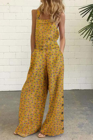 Floral Square Neck Sleeveless Wide Leg Plus Size Jumpsuit