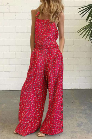 Floral Square Neck Sleeveless Wide Leg Plus Size Jumpsuit