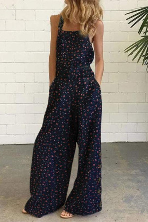Floral Square Neck Sleeveless Wide Leg Plus Size Jumpsuit