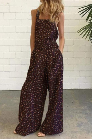 Floral Square Neck Sleeveless Wide Leg Plus Size Jumpsuit