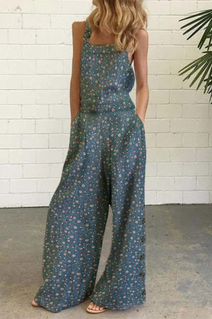 Floral Square Neck Sleeveless Wide Leg Plus Size Jumpsuit