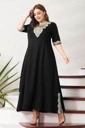 Plus Size Vintage Lace Patchwork Split Hem Solid Half Sleeve Party Prom Long Maxi Black  Dress