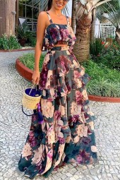 Bohemian Floral Two Piece Set - Short Top Camis Summer Casual Dress Suit for Women