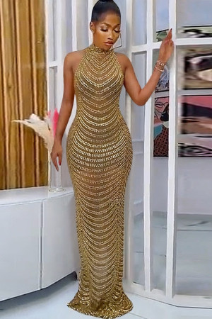 Crystal Studded Sequin Sweetheart Open Back Maxi Dress