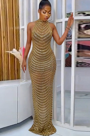 Crystal Studded Sequin Sweetheart Open Back Maxi Dress