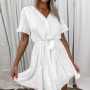 Cotton Lace V-Neck Short Sleeve Ruffle Knee Length Dress