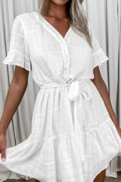 Cotton Lace V-Neck Short Sleeve Ruffle Knee Length Dress