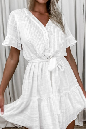 Cotton Lace V-Neck Short Sleeve Ruffle Knee Length Dress