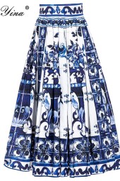 Summer Porcelain Vacation: Cotton High Waist Blue & White Midi Skirts
