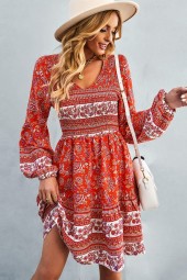 Vintage Boho Spring Floral Mini Dress - Lantern Long Sleeve, Casual V-Neck, Loose Fit