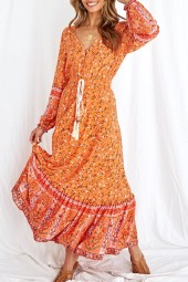 Vibrant Orange Bohemian Maxi Dress with Floral Elastic Waist and Rayon Cotton Blend