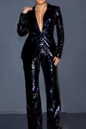  Long Sleeve Vneck Sequined Two Pieces Sets Top And Pant