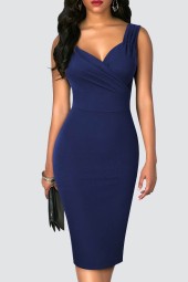 High Waist Slim Pencil Knee Length Dress - Ball Solid Sleeveless