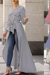 Stripe Sleeve Vneck Maxi Tunic Blouse: Casual Long Tops for Business